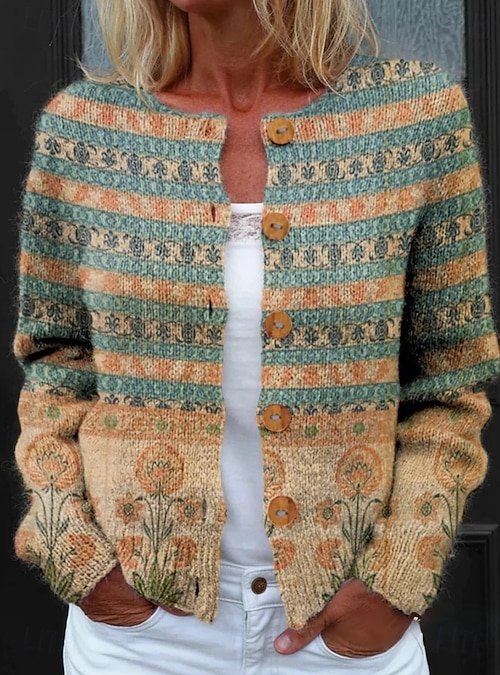 Damen Cardigan Pullover Strick Rippen Knopf Vorderseite Rundhals