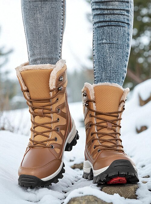 Unisex Snow Boots High Top Fur Lined Shoes Khaki Womens Platform Snow Boots Hoop and Loop Slip on Comfy Furry  main image 4