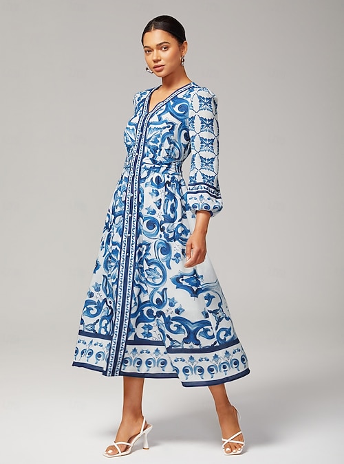 princess polly baby blue dress Women's Blue and White Porcelain Print Maxi Dress V Neck Placement Print Elegant Stylish Casual Waist Slim Fit Daily Fall