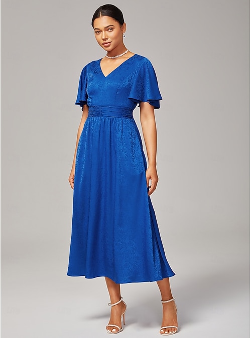 Women's Wedding Guest Royal Blue Maxi Dress V Neck Subtle Jacquard Lustrous  Satin Elegant Stylish Noble Waist Cinching Slim Fit Party Daily Fall 2026 -  $24.99