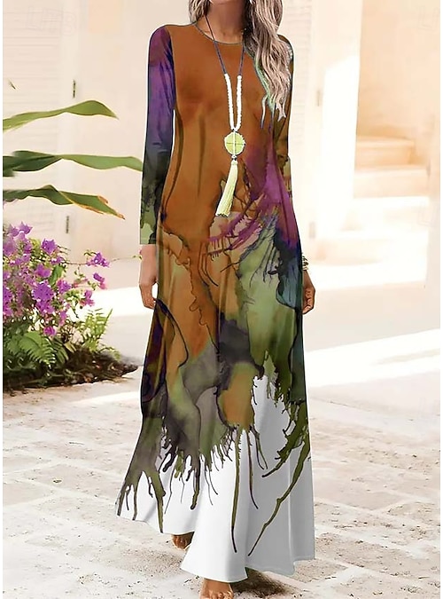 Women's Maxi Dress Shift Dress A Line Dress Party Casual Boho Daily Date Going Out Regular Fit Ombre Graphic Tie Dye Long Sleeve Crew Neck Red Blue