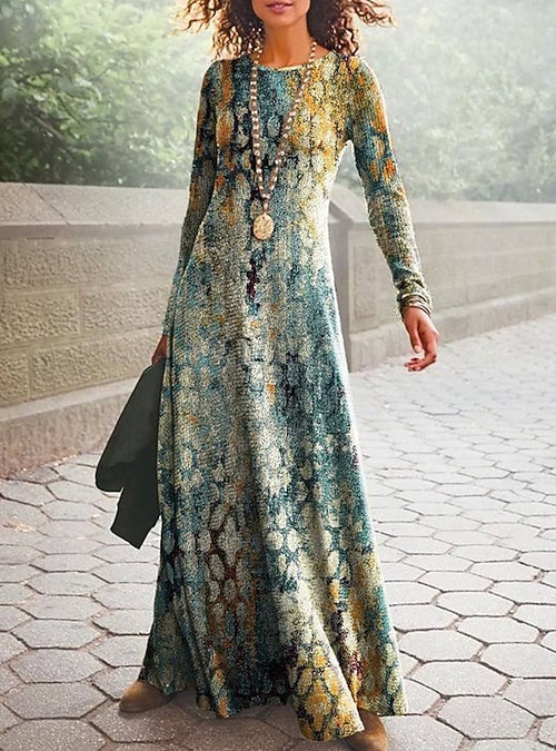 Women's Maxi Dress Sheath Dress A Line Dress Casual Daily Loose Fit Graphic  Geometric Long Sleeve Crew Neck Blue Black White Brown Spring Fall Winter  2026 - $36.99