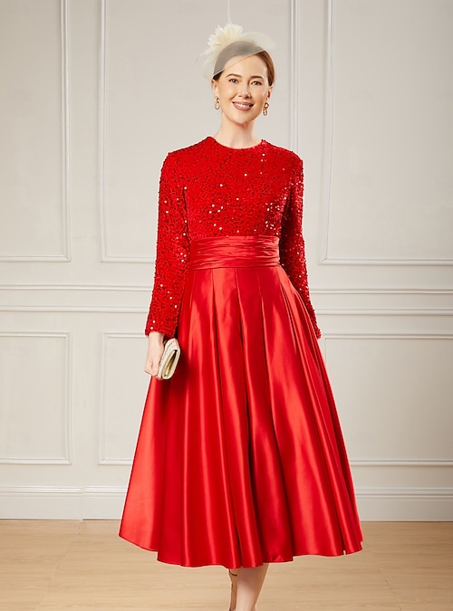 A-Line Tea Length Cocktail Dresses Party Dresses Elegant Sparkle Long  Sleeve Crew Neck Christmas Wedding Guest Satin Velvet with Pleats Sequin  2026 - $127.99