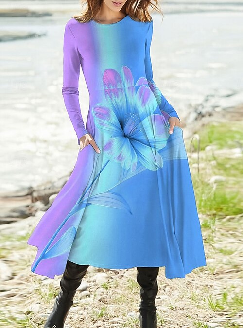 Women's Maxi Dress A Line Dress Fit And Flare Dress Vacation Casual Boho  Party Daily Going out Regular Fit Ombre Floral Graphic Long Sleeve Crew  Neck Red Blue Purple Summer Spring Fall