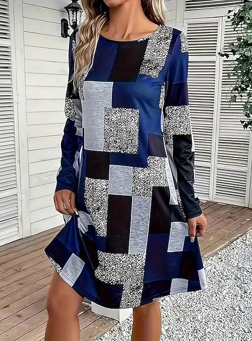 Women's Mini Dress Sheath Dress A Line Dress Fit And Flare Dress Party  Casual Boho Daily Party Wedding Guest Regular Fit Graphic Geometric Plaid  Long Sleeve Crew Neck Blue Purple Green Gray
