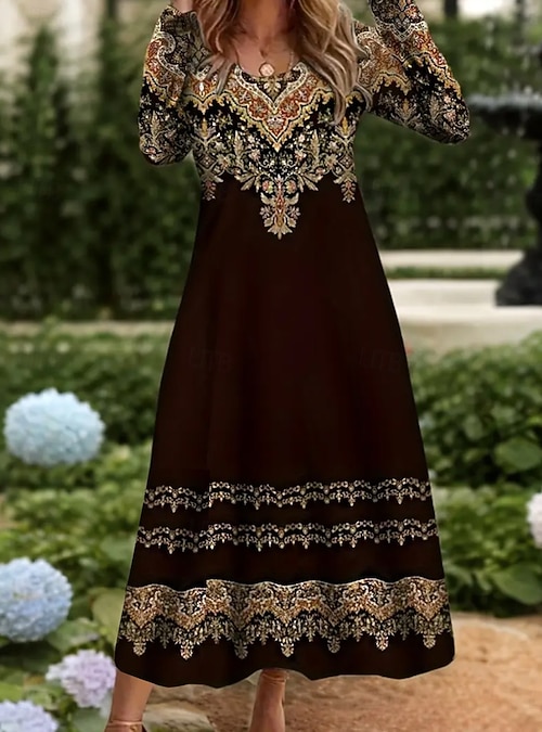 Women's Maxi Dress Boho Sheath Dress T Shirt Dress Tee Dress Vacation  Casual Holiday Date Regular Fit Graphic Geometric Tribal Long Sleeve Crew  Neck Blue Dark Brown Black Red Spring Fall 2026 -