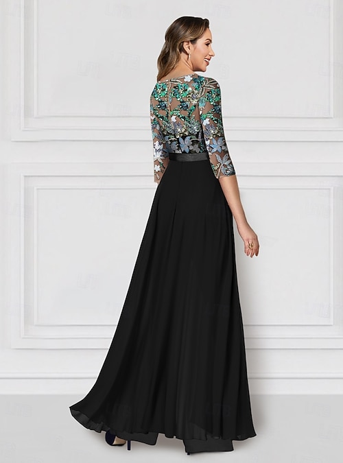 half sequin half chiffon dress Jumpsuit Pantsuit Floor Length Beaded Eembroidered Formal Dresses Mother of  the Bride Dress Mother of the Bride Dress Half Sleeve Illusion Neck Elegant  Vintage Wedding Guest Church Chiffon with Sequin 2026