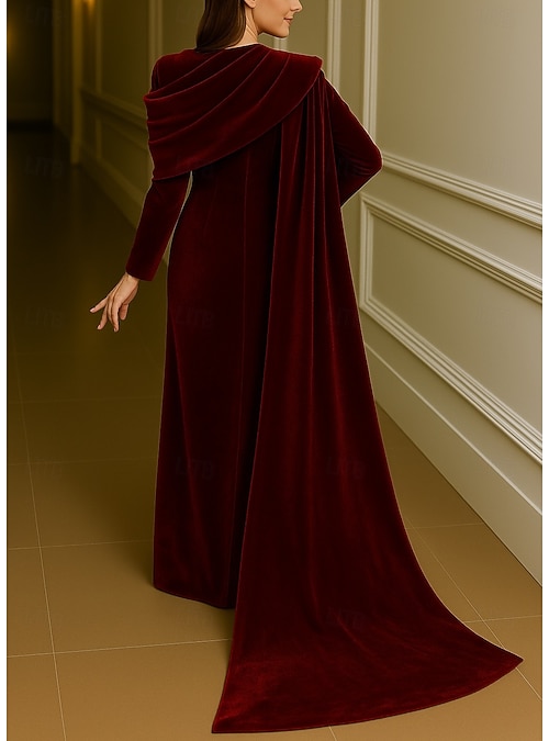 Sheath Column Floor Length Ball Gown with Cape Evening Gown Formal Dress  Elegant Long Sleeve Stand Collar Wedding Formal Velvet with Pleats 2026 -  $195.99