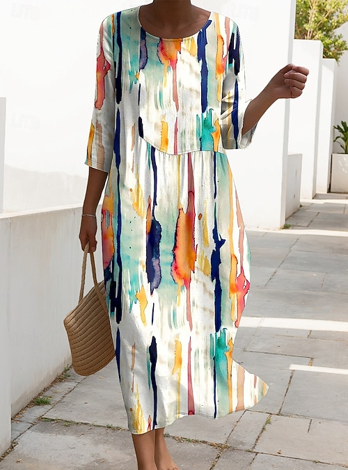 Women's Maxi Dress Linen Like Breathable Lightweight Kaftan 3/4 Length  Sleeve Crew Neck Casual Shift Dress A Line Dress Dress Boho Daily Holiday  Date Graphic Geometric Red Light Brown Blue Beige 2026 -