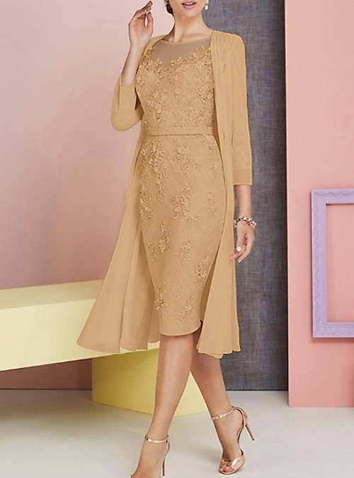 Two Piece Sheath Column Knee Length Wedding Guest Dress Mother of the Bride  Dress 3/4 Length Sleeve Bateau Neck Elegant Vintage Plus Size Wedding Guest  Church Chiffon Lace Jacket Dresses with 2026 -