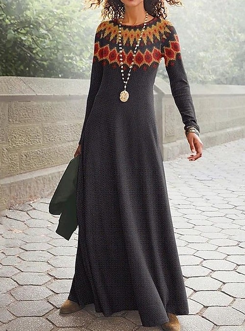 Women's Maxi Dress Sheath Dress A Line Dress Casual Daily Loose Fit Graphic  Geometric Long Sleeve Crew Neck Blue Black White Brown Spring Fall Winter  2026 - $36.99