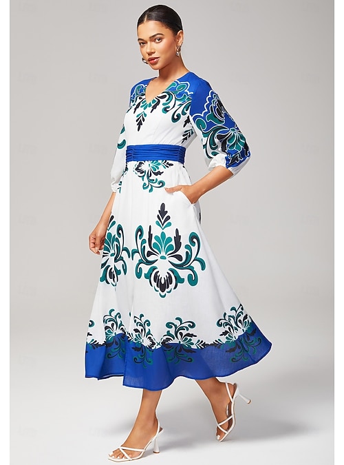 Women's Bold Multicolor Print Faux Cotton Linen Teal Tea Dress Elegant Stylish Friend Gatherings Afternoon Tea Fall