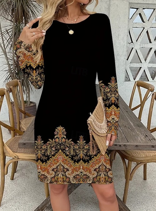 Women's Mini Dress Corset Dress Vacation Casual Boho Daily Birthday Holiday  Regular Fit Graphic Paisley Tribal Long Sleeve Crew Neck Black Gold Gray  Spring Fall Winter 2026 - $26.99