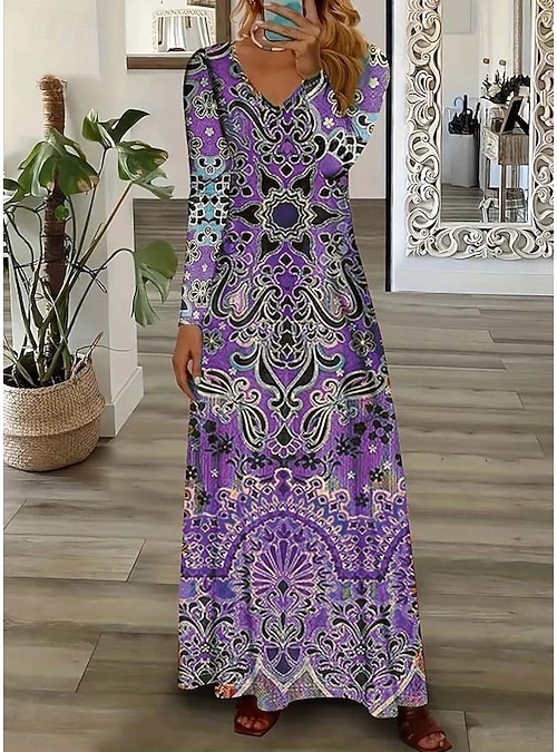Women's Maxi Dress Sheath Dress Party Casual Boho Daily Date Going out  Regular Fit Graphic Paisley Long Sleeve V Neck Pink Purple Orange Green  Spring Fall Winter Autumn 2026 - $38.99