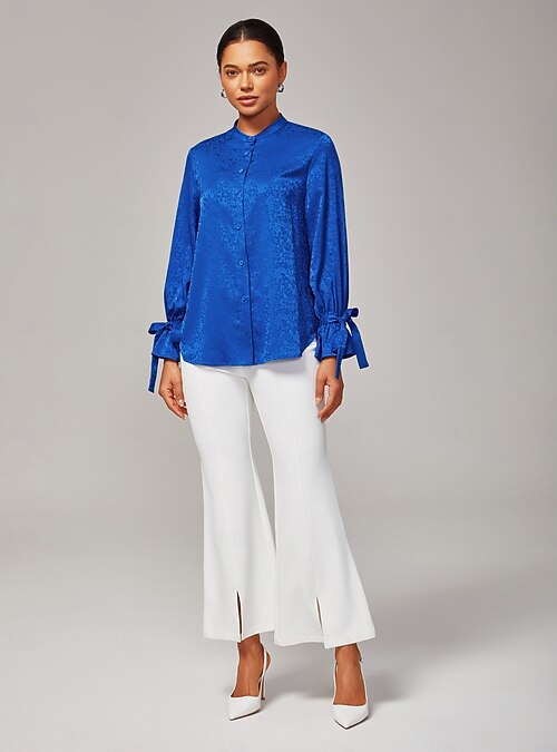 women's royal blue dress shirt Hancock Women Royal Blue Solid Pure Cotton Cuban collar Pleated Regular Fit  Formal Shirt