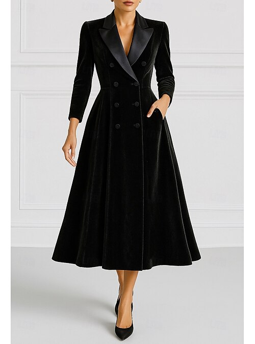 Women's Tuxedo Dress A-Line Formal Velvet Elegant Simple Long Sleeve Tea  Length Lapel Double Breasted 2026 - $164.99