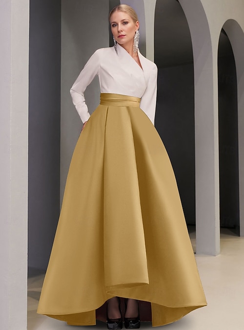 A-Line Asymmetrical Evening Gown Ball Gown Formal Dress Elegant Silky Long  Sleeve V Neck Formal Pocket Satin with Pocket 2026 - $160.99