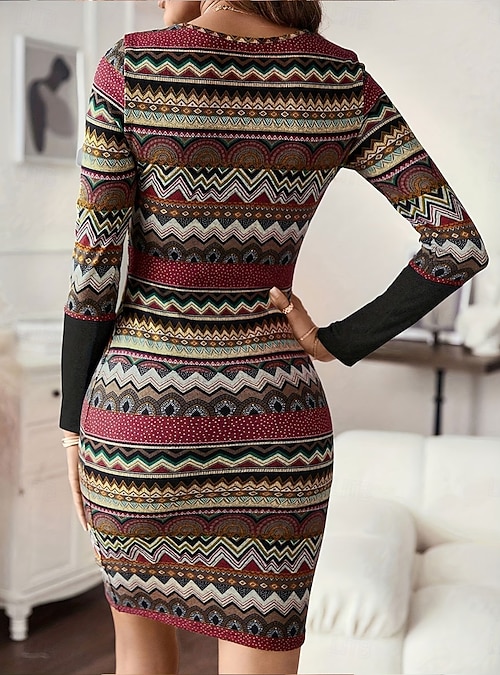 Women's Knee Length Dress Bodycon T Shirt Dress Tee Dress Shift Dress  Vacation Casual Holiday Date Slim Fit Graphic Geometric Long Sleeve Crew  Neck Red Spring Fall Winter 2026 - $26.99