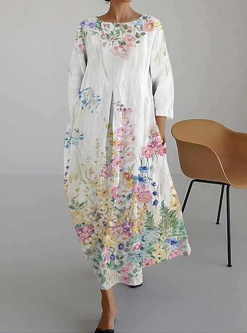 Women's Maxi Dress A Line Dress Fit And Flare Dress Party Birthday Casual  Party Wedding Guest Daily Floral Graphic Long Sleeve Crew Neck White Purple  Green Spring Fall Winter Autumn 2026 - $37.99