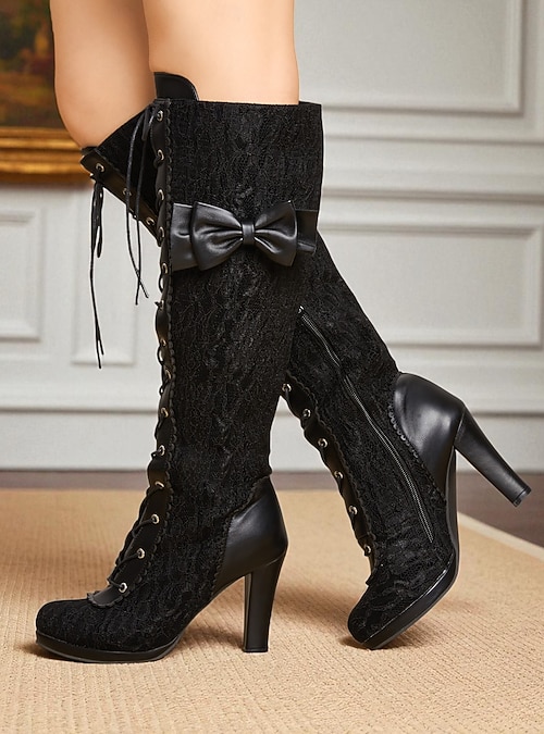 victorian boots black lace knee high boots Womens Boots Black Boots With Ribbon Laces Women's 1900s Victorian Inspired Black  Lace Knee High Boots