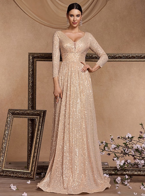 slim fit dress slacks Champagne Sequin V Neck 3/4 Sleeve Mini Dress main image 1