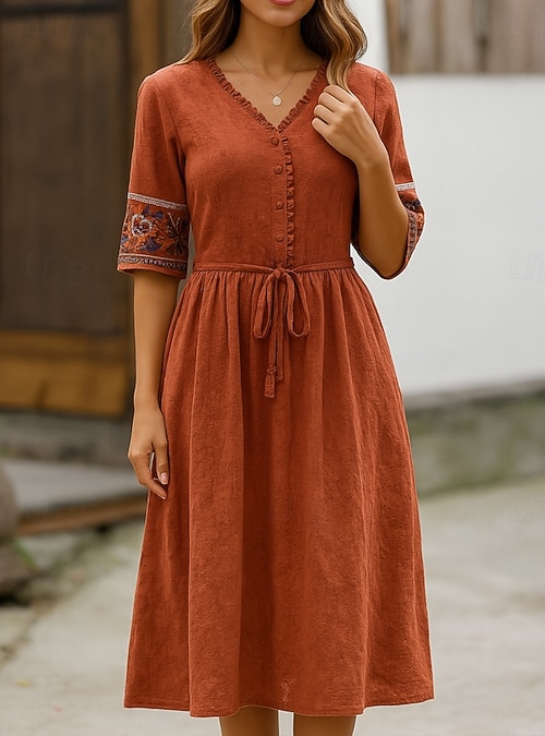 navy blue dress for baby girl Beige Linen Dress - Lace-Up Midi Dress - A-Line Midi Dress