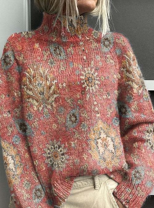 Damen Pullover Lässig Weich Blumen Gerippt Rollkragen Gestrickt