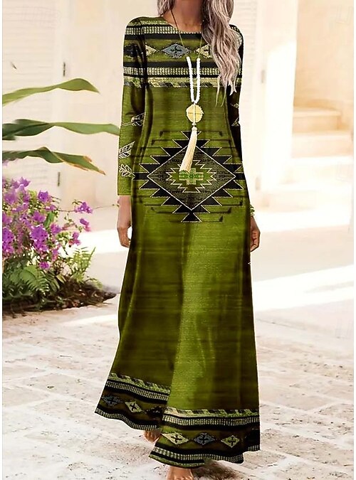 Women's Maxi Dress Shift Dress A Line Dress Party Casual Boho Daily Date Going  out Regular Fit Tie Dye Tribal Long Sleeve Crew Neck Red Blue Purple Green  Spring Fall Winter Autumn