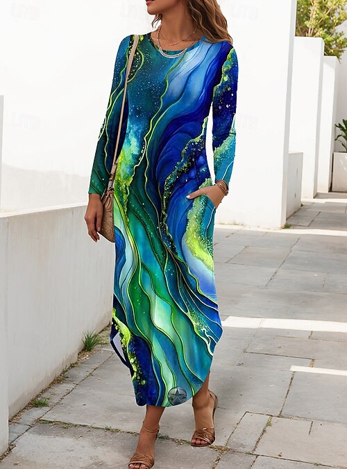 Women's Maxi Dress T Shirt Dress Tee Dress Casual Daily Going out Regular  Fit Graphic Geometric Long Sleeve Crew Neck Blue Yellow Purple Green Summer  Spring Fall 2026 - 32.99