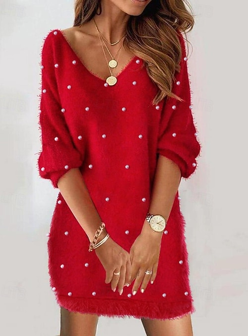 Women's Mini Dress Casual Dress Fashion Classic Modern Outdoor Vacation  Holiday Regular Fit Plain Long Sleeve V Neck Red Summer 2026 - $13.49