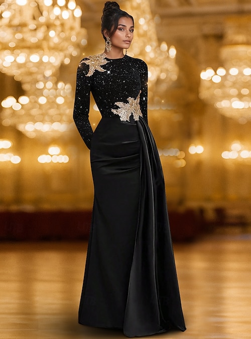 A-Line Floor Length Evening Gown Ball Gown with Overskirt Formal Dress Elegant Silky Long Sleeve Crew Neck Wedding Formal Champagne Mother Of the Bride Dress Satin with Glitter Pleats 2026