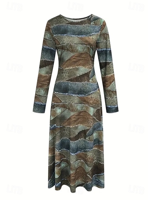 Women's Midi Dress Fit And Flare Dress Casual Boho Party Daily Going out  Regular Fit Polka Dot Abstract 3/4 Length Sleeve Crew Neck Light Brown Fall  Winter 2026 - CAD $56.99