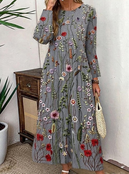 Women's Midi Dress Sheath Dress T Shirt Dress Tee Dress Vacation Casual  Boho Daily Holiday Date Graphic Long Sleeve Crew Neck Gray 2026 - $28.99