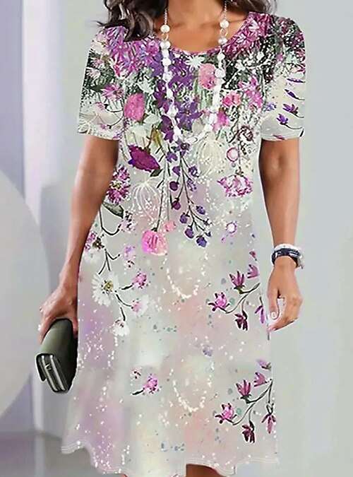 Women's Elegant Party Evening Midi Dress Crew Neck Short Sleeve Shift Dress  A Line Dress Casual Boho Daily Regular Fit Ombre Floral Graphic Light Purple  Summer Spring Fall 2026 - $23.99