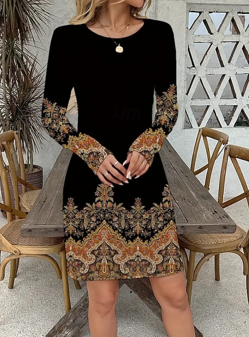 Women's Mini Dress Corset Dress Vacation Casual Boho Daily Birthday Holiday  Regular Fit Graphic Paisley Tribal Long Sleeve Crew Neck Black Gold Gray  Spring Fall Winter 2026 - $26.99