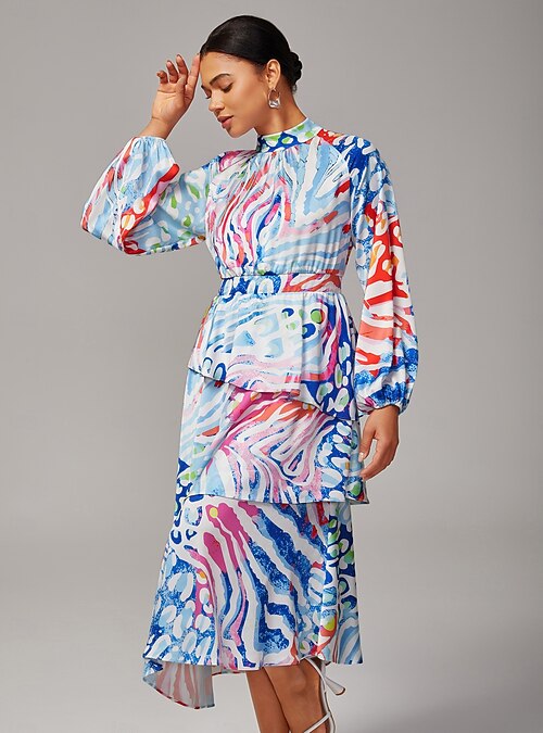 Women's Watercolor Leopard Print Chiffon Tiered Dress Raglan Sleeve Asymmetrical  Layered Hem Elegant Stylish Casual Bold Print Daily Work Fall 2026 - $125.99