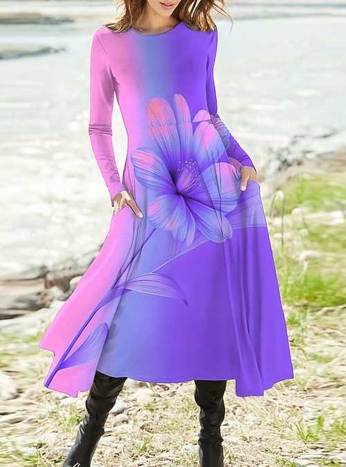 Women's Maxi Dress A Line Dress Fit And Flare Dress Vacation Casual Boho  Party Daily Going out Regular Fit Ombre Floral Graphic Long Sleeve Crew  Neck Red Blue Purple Summer Spring Fall