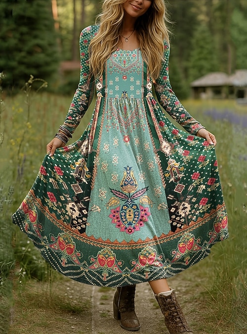 Women's Maxi Dress Fit And Flare Dress Vacation Casual Boho Daily Party  Going out Regular Fit Floral Polka Dot Long Sleeve Crew Neck Blue Sky Blue  Purple Green Fall Winter 2026 - CHF33
