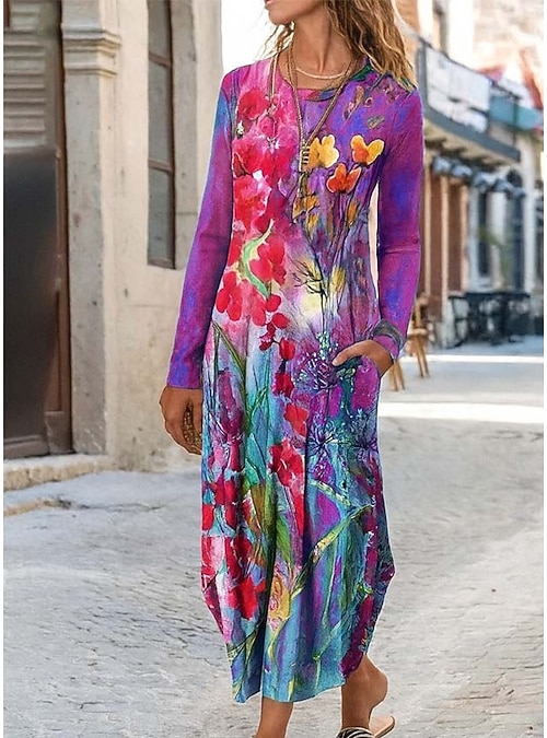 sheath dresses winter midi Women's Midi Dress Sheath Dress T Shirt Dress Tee Dress Vacation Casual Daily Regular Fit Floral Graphic Long Sleeve Crew Neck Blue Purple Orange Green Spring Fall Winter Autumn 2026