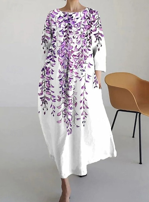 Women's Maxi Dress A Line Dress Fit And Flare Dress Party Birthday Casual  Party Wedding Guest Daily Floral Graphic Long Sleeve Crew Neck White Purple  Green Spring Fall Winter Autumn 2026 - $37.99