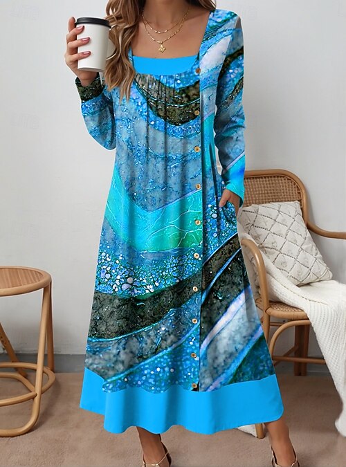 Women's Midi Dress Shift Dress Casual Daily Regular Fit Graphic Abstract Long  Sleeve Square Neck Yellow Blue Purple Green Fall Winter 2026 - $32.99
