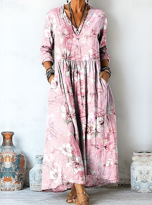 Women's Maxi Dress A Line Dress Vacation Casual Boho Going out Beach Loose  Fit Floral Graphic Long Sleeve V Neck Light Yellow Light Pink Pink Purple  Summer Spring Fall 2026 - $36.99