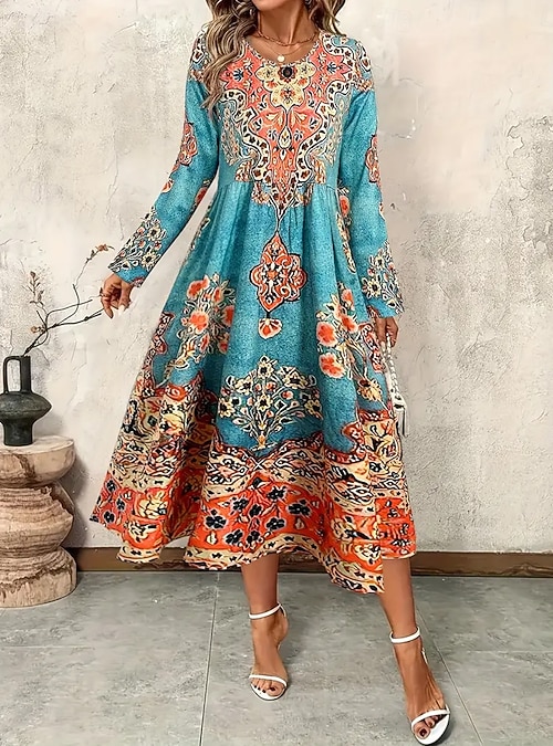 Women's Maxi Dress A Line Dress Fit And Flare Dress Vacation Casual Boho  Party Daily Going out Regular Fit Graphic Tribal Long Sleeve Crew Neck  Green Spring Fall Winter 2026 - 125