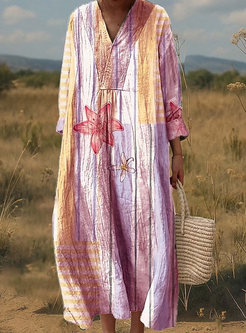 Women's Midi Dress A Line Dress Fit And Flare Dress Casual Boho Daily  Wedding Guest Going out Loose Fit Floral Graphic Geometric Long Sleeve V  Neck Light Green Pink Light Purple Spring