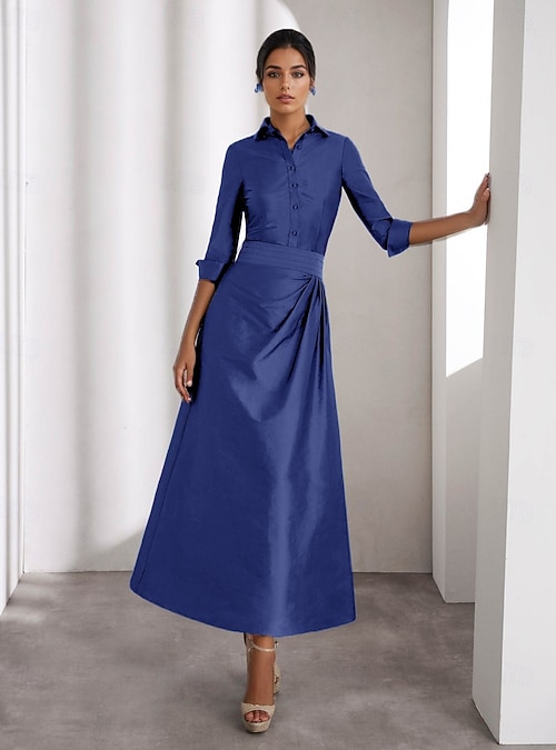 A-Line Ankle Length Shirt Dress Party Dress Cocktail Dress Mother of the  Bride Dress Long Sleeve Shirt Collar Elegant Wedding Formal Taffeta with  Pleats Slit 2026 - CAD $260.99