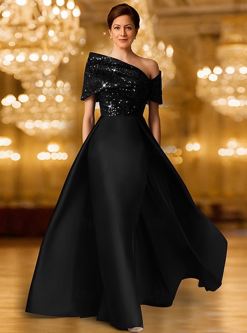 A-Line Floor Length Evening Gown Ball Gown with Overskirt Formal Dress  Elegant Glittering Silky Short Sleeve One Shoulder Evening Party Wedding  Satin Sequined with Glitter 2026 - GBP 139