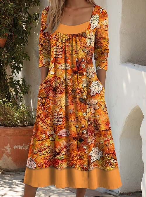 Women's Midi Dress Shift Dress A Line Dress Casual Daily Regular Fit  Graphic Leaf Long Sleeve Square Neck Yellow Orange Brown Fall Winter 2026 -  $34.99