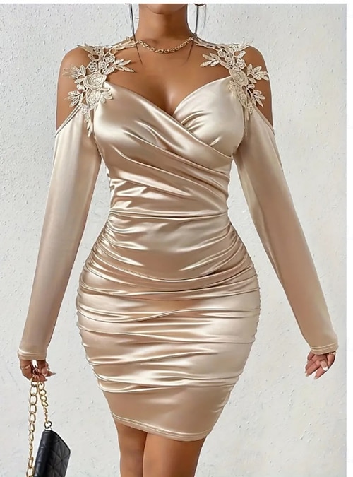 Valentine's Day Women's Mini Dress Sheath Dress Off The Shoulder Dress  Elegant Party Cocktail Outdoor Party Wedding Guest Ruched Regular Fit Solid  Color Long Sleeve Strap Black Red Beige 2026 - $34.99