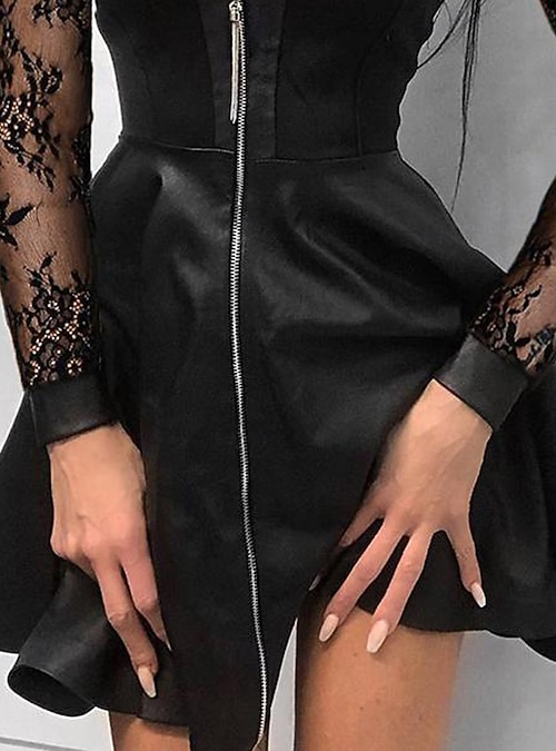 Women's Mini Dress Black Dress Lace Dress Leather Dress Fashion Modern Club  Holiday Going out Regular Fit Plain Long Sleeve Stand Collar Black Spring  Fall 2026 - kr.349