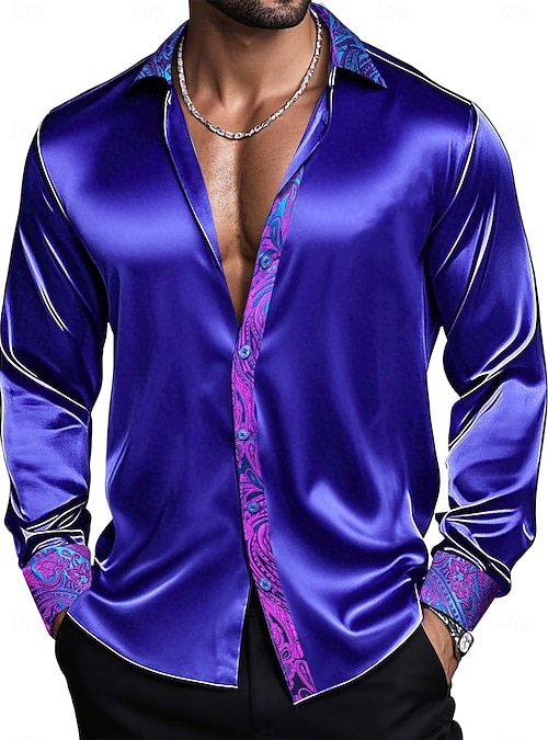 Men's Shirt Satin Shirt Dress Shirt Casual Shirt Button Up Shirt Prom Shirt  Plain Wedding Party Champagne Blue Purple Long Sleeve Lapel All Seasons  Clothing Apparel Patchwork 2026 - $28.99